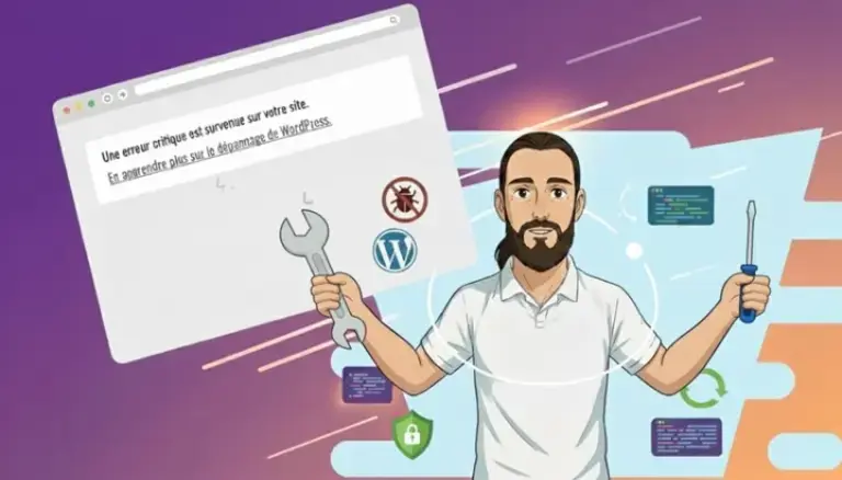 Personnage avec une clé à molette devant un écran affichant une erreur WordPress pour illustrer le dépannage