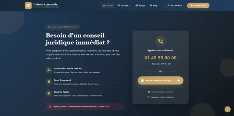 Maquette de la section contact du cabinet d’avocat avec formulaire et coordonnées