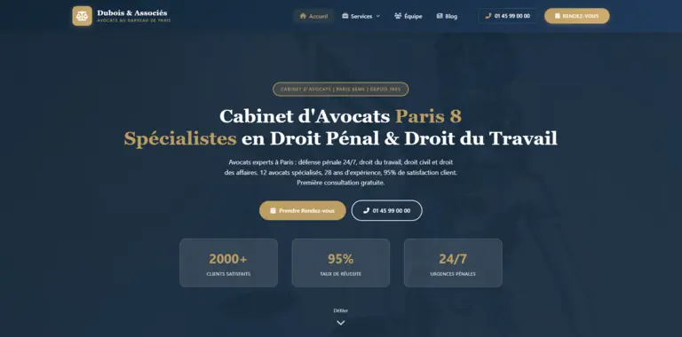 Maquette de la hero section du site d’un cabinet d’avocat, avec titre et bouton d’action