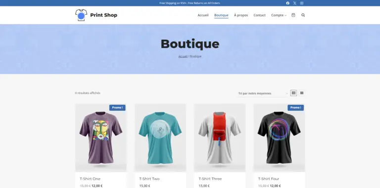 Maquette de la page boutique affichant plusieurs produits avec filtres et catégories