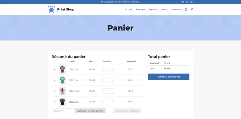 Maquette de la page panier avec liste des produits et total