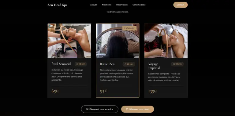 Maquette de la section présentant les différentes formules et services du Headspa