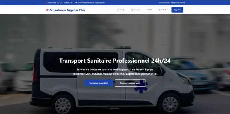 Maquette de la hero section du site de transport sanitaire, avec slogan et visuel principal