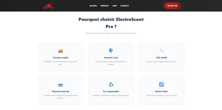 Maquette de la section expliquant les avantages et points forts de la trottinette Electroscoot Pro