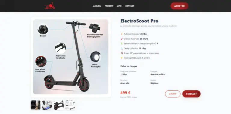 Maquette de la section présentant les caractéristiques du produit Electroscoot Pro
