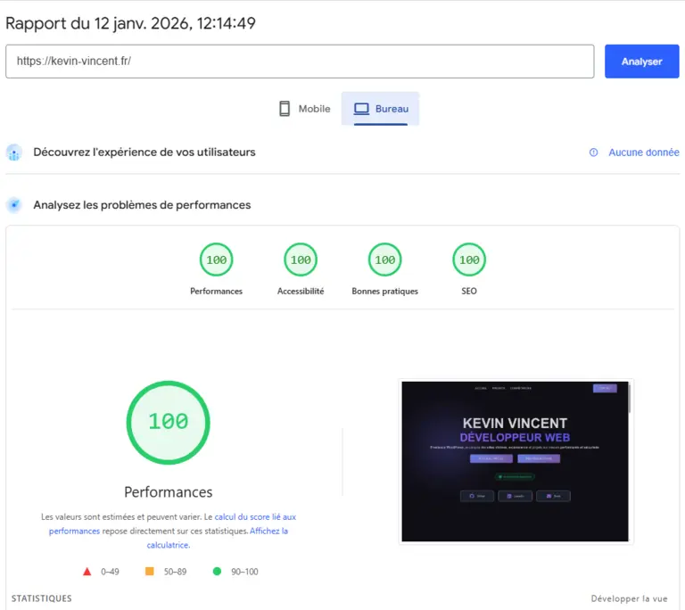 Résultat de test Google Speed Insight affichant 100/100 sur ordinateur